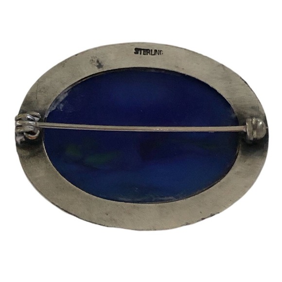 Vintage Blue Green Art Glass Sterling Silver Brooch Oval Art Deco 925 - Picture 2 of 6
